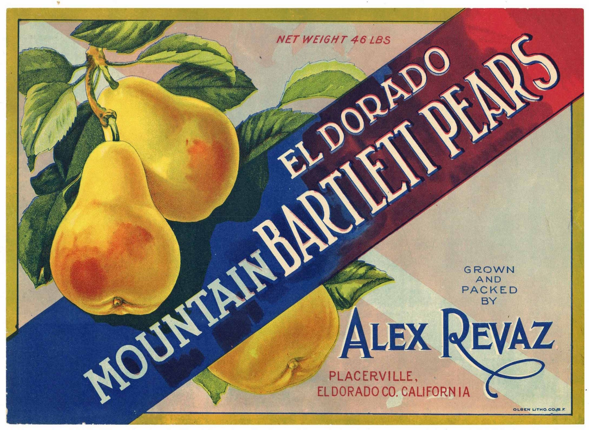 Alex Revaz Brand Vintage Placerville California Pear Crate Label