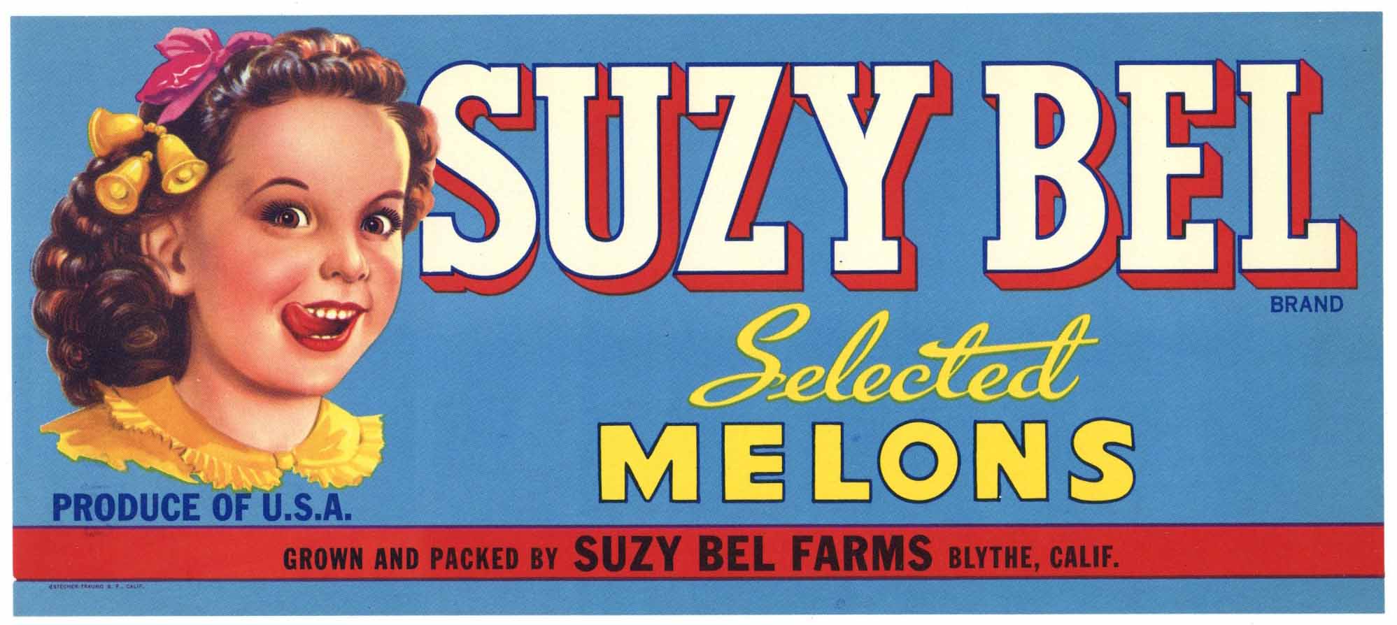 Suzy Bel Brand Vintage Blythe California Cantaloupe Crate Label, blue