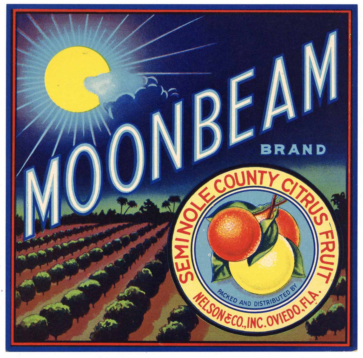 Moonbeam Brand Vintage Oviedo Florida Citrus Crate Label 7x7, o