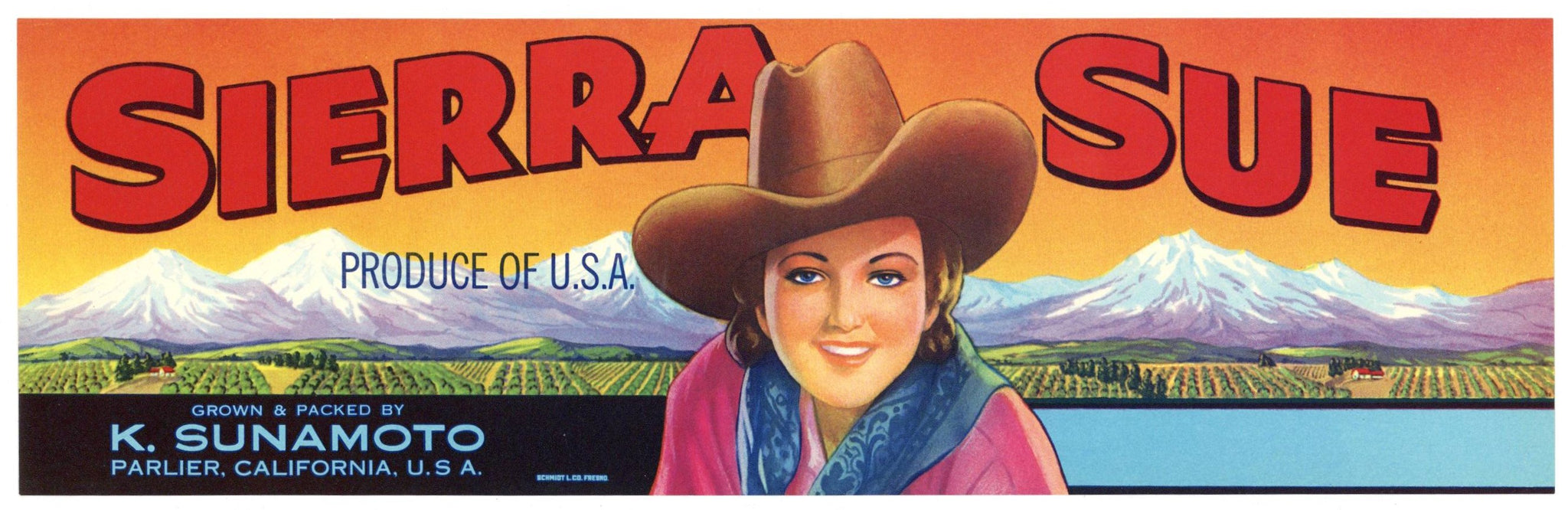 Sierra Sue Brand Vintage Fruit Crate Label, cowgirl