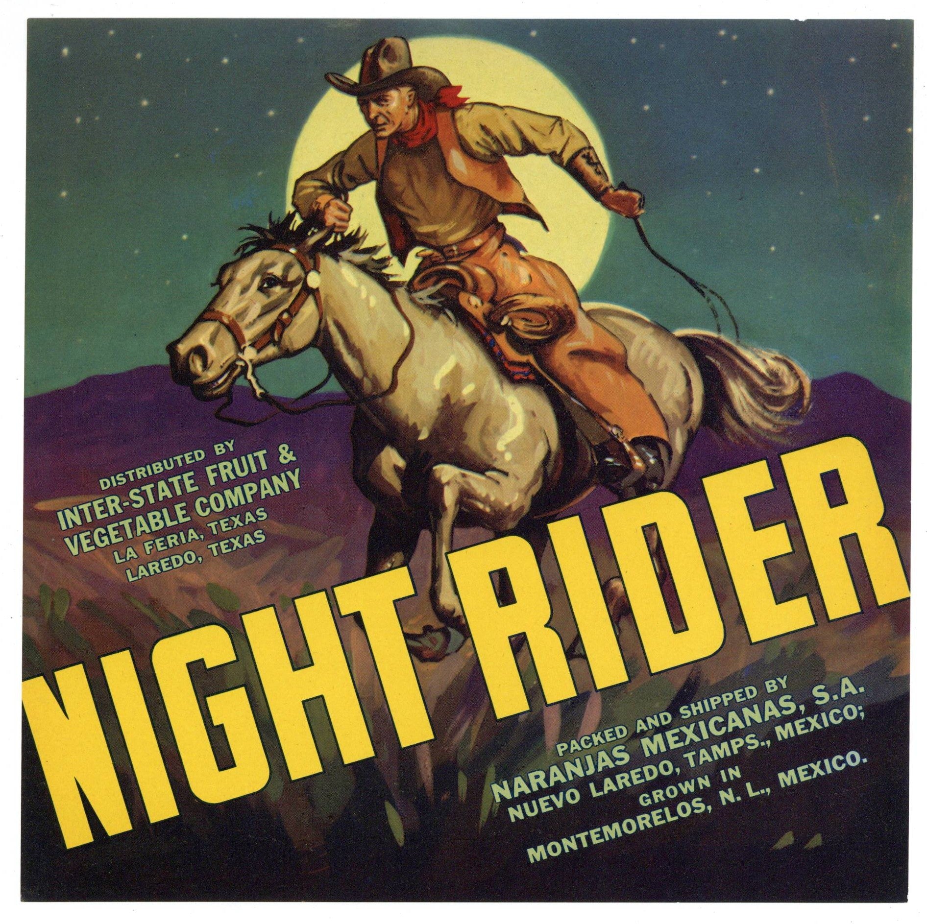 Night Rider Brand Vintage Texas Citrus Crate Label
