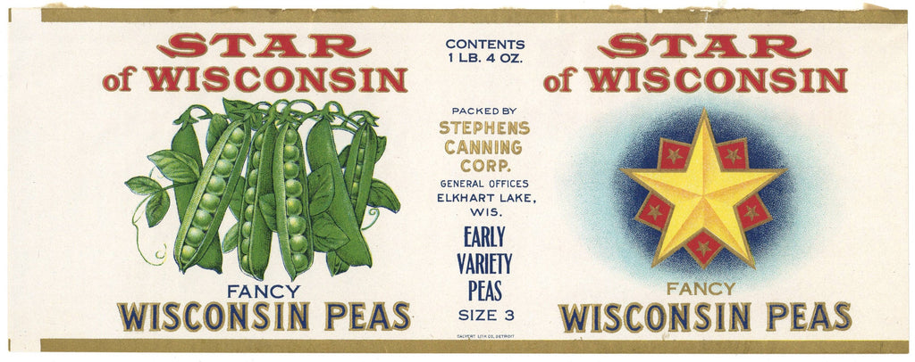 Star of Wisconsin Brand Vintage Elkhart Lake Wisconsin Peas Can Label