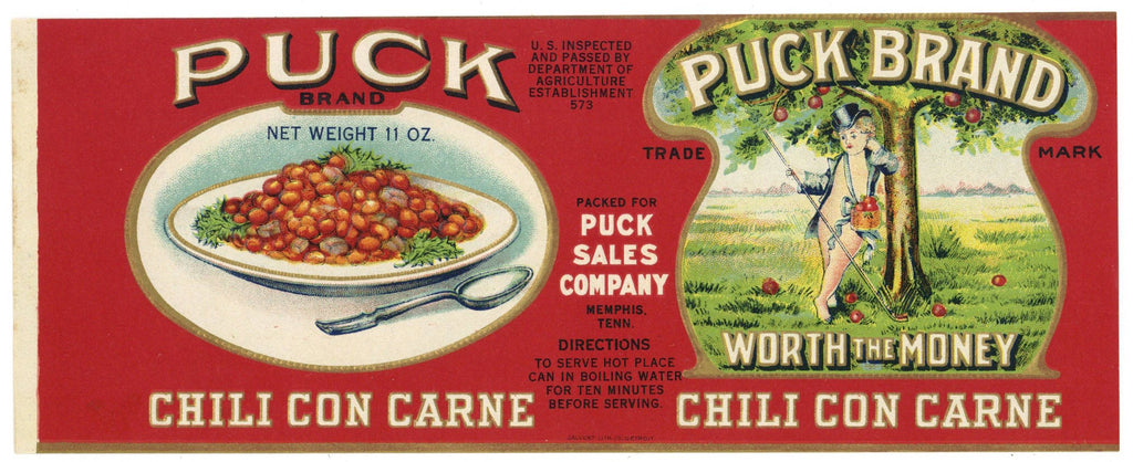 Puck Brand Vintage Memphis Tennessee Chili Con Carne Can Label
