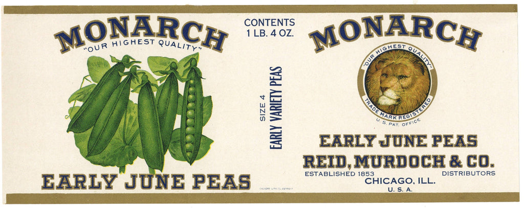 Monarch Brand Vintage Chicago Illinois Peas Can Label