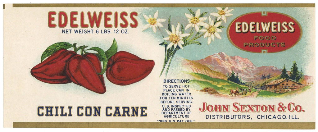 Edelweiss Brand Vintage Chicago Illinois Chili Con Carne Can Label