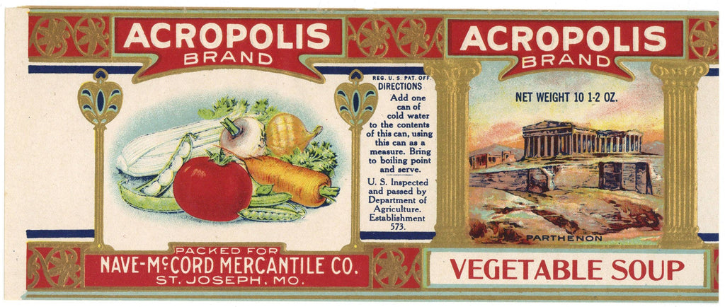 Acropolis Brand Vintage St. Joseph Missouri Vegetable Soup Can Label