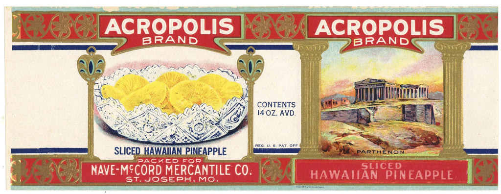 Acropolis Brand Vintage St. Joseph Missouri Pineapple Can Label