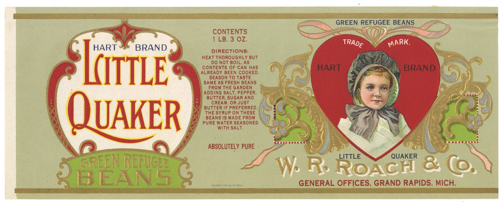 Little Quaker Brand Vintage Grand Rapids Michigan Green Refugee Beans Can Label