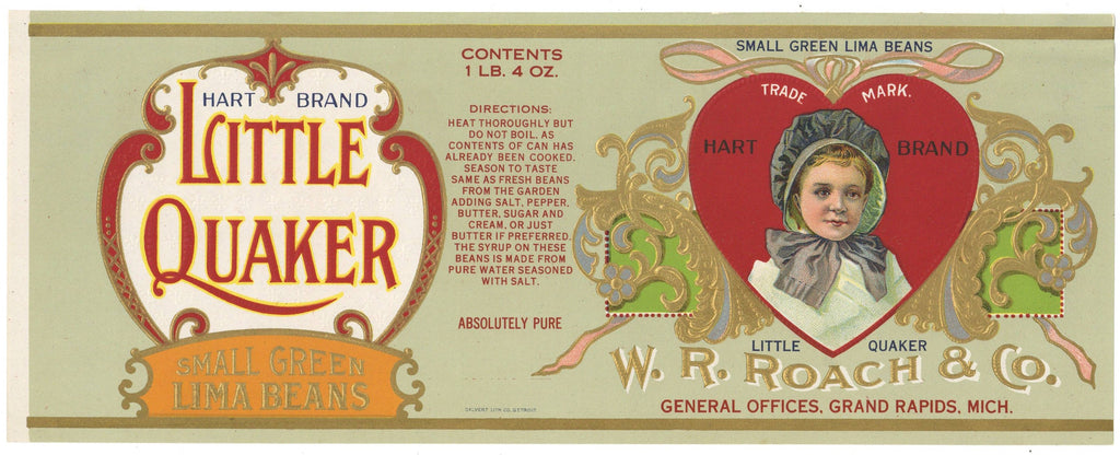 Little Quaker Brand Vintage Grand Rapids Michigan Small Green Lima Beans Can Label