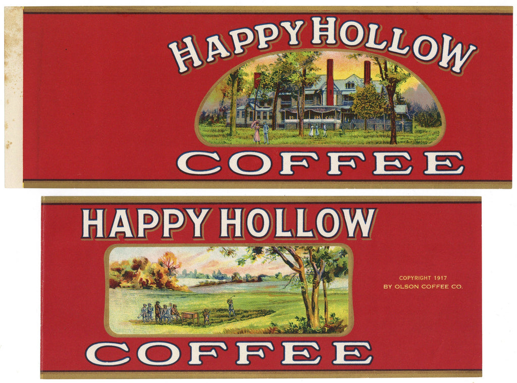 Happy Hollow Brand Vintage Olson Coffee Co. Can Label set of 2