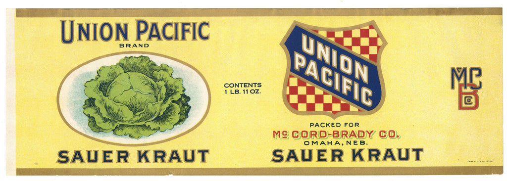 Union Pacific Brand Vintage Omaha Nebraska Sauer Kraut Can Label