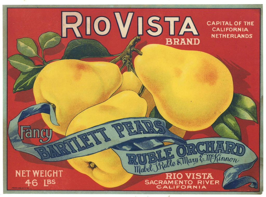 Rio Vista Brand Vintage Sacramento Delta Pear Crate Label
