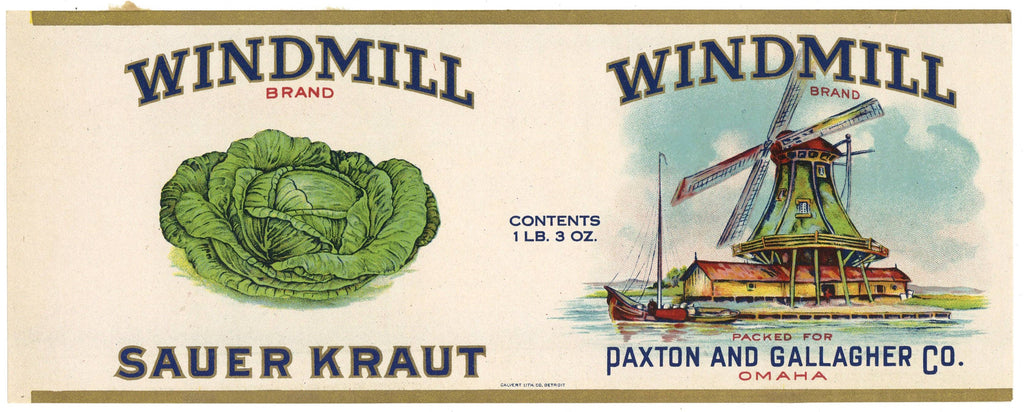 Windmill Brand Vintage Omaha Nebraska Sauer Kraut Can Label