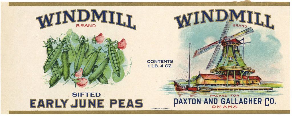 Windmill Brand Vintage Omaha Nebraska Peas Can Label