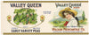 Valley Queen Brand Vintage Wisconsin Peas Can Label