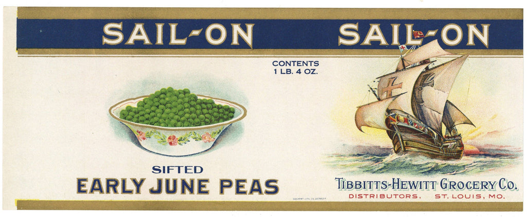 Sail-On Brand Vintage St. Louis Missouri Early June Peas Can Label
