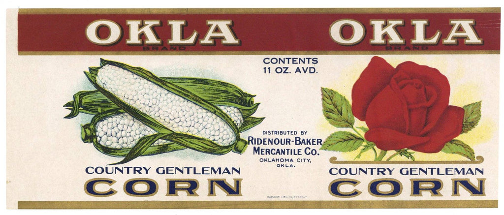 Okla Brand Vintage Oklahoma City Country Gentleman Corn Can Label