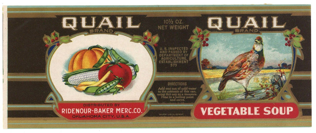 Quail Brand Vintage Oklahoma City Vegetable Can Label