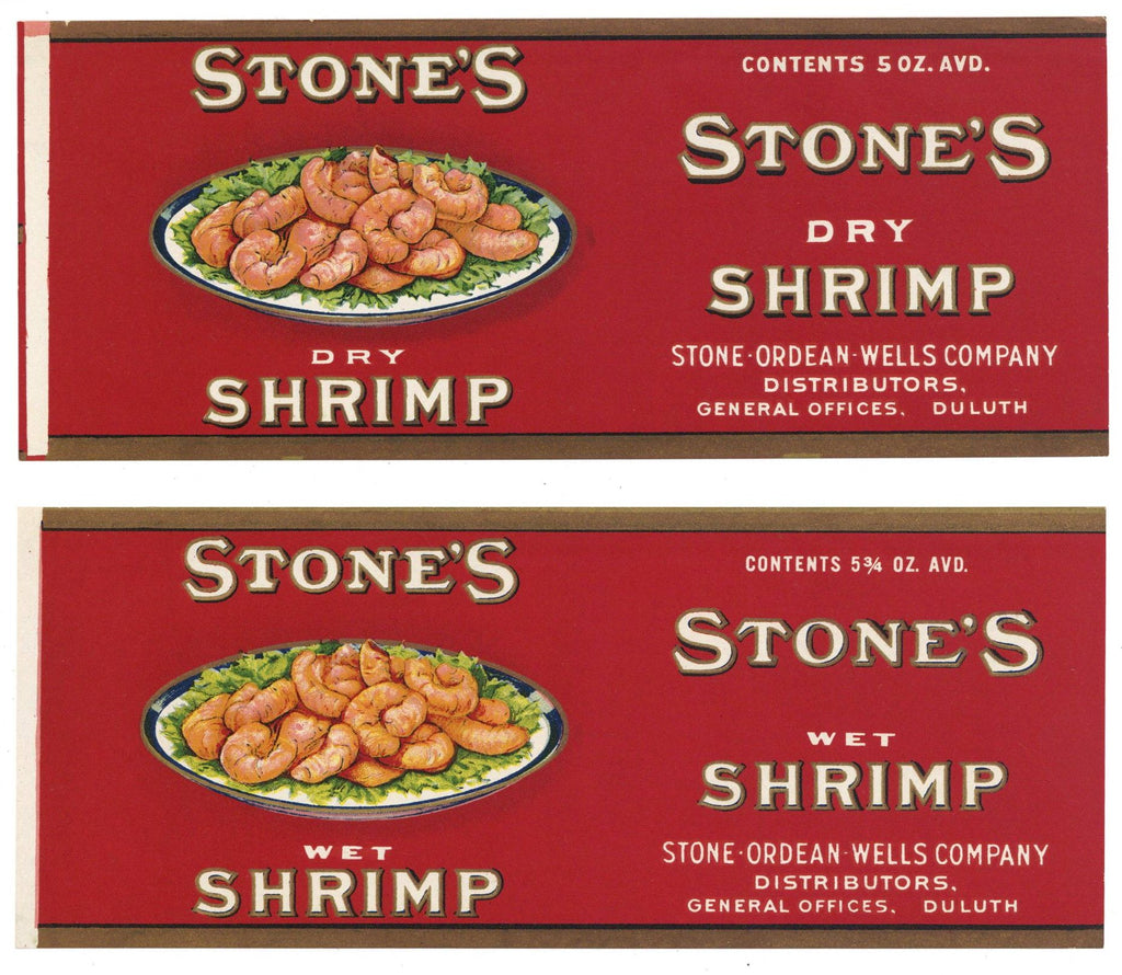 Stone's Brand Vintage Duluth Iowa Shrimp Can Label, two, dry and wet