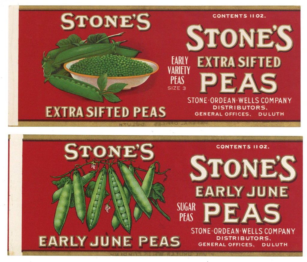 Stone's Brand Vintage Duluth Iowa Peas Can Labels, two