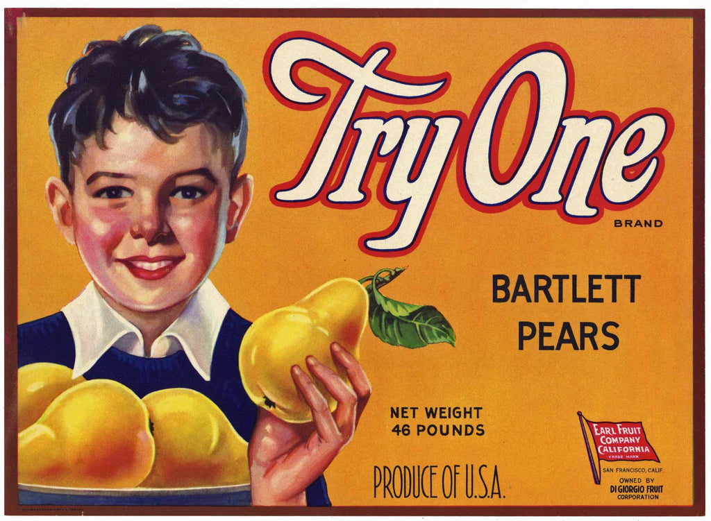 Try One Brand Vintage Pear Crate Label, y