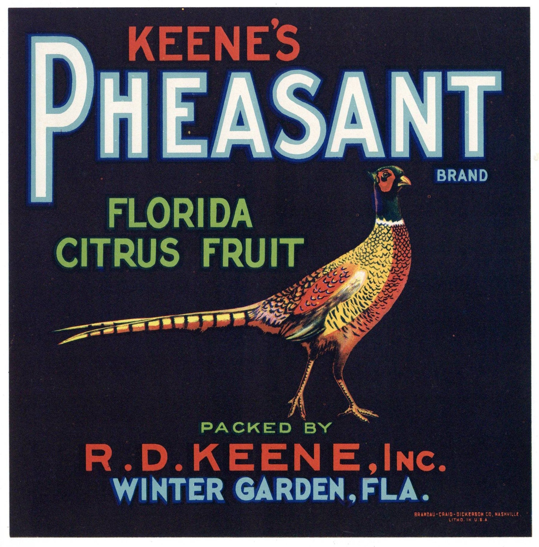 Pheasant Brand Vintage Winter Garden Florida Citrus Crate Label