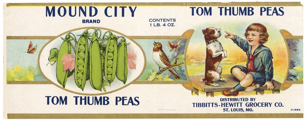 Mound City Brand Vintage St. Louis Missouri Tom Thumb Peas Can Label