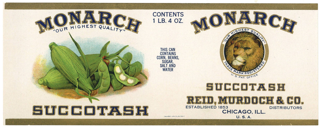 Monarch Brand Vintage Chicago Illinois Succotash Can Label