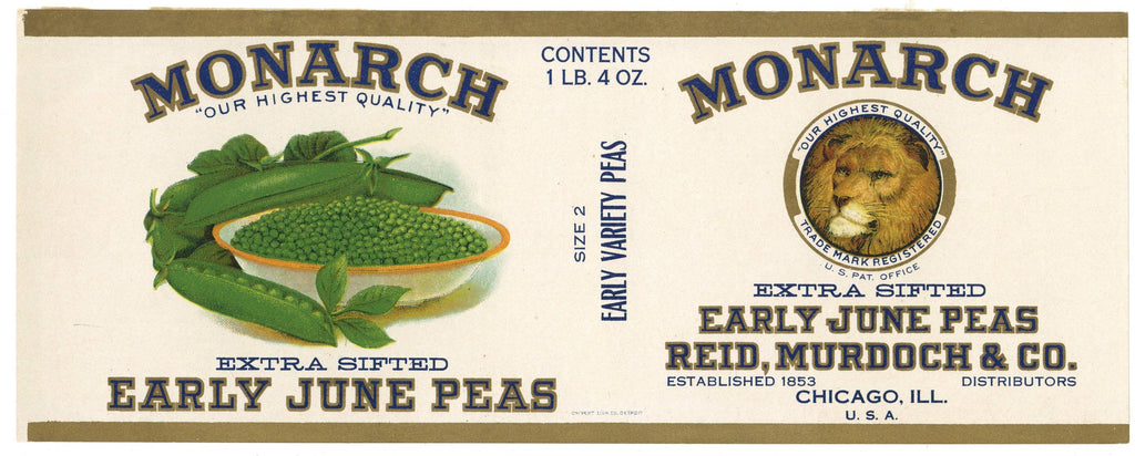 Monarch Brand Vintage Chicago Illinois Early June Peas Can Label
