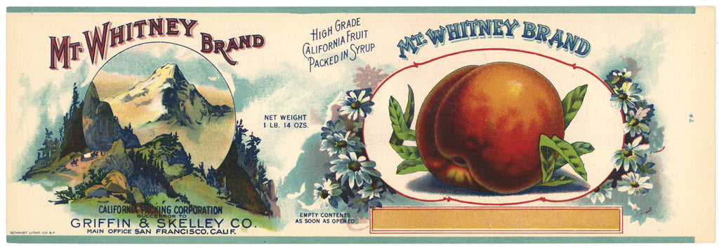 Mt. Whitney Brand Vintage Peach Can Label, Griffin & Skelley