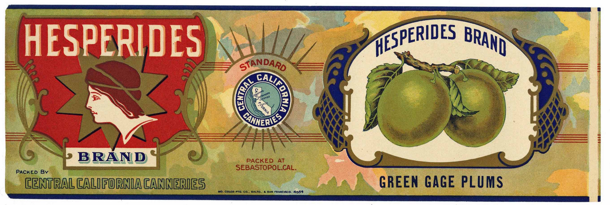 Hesperides Brand Vintage Green Gage Plums Can Label