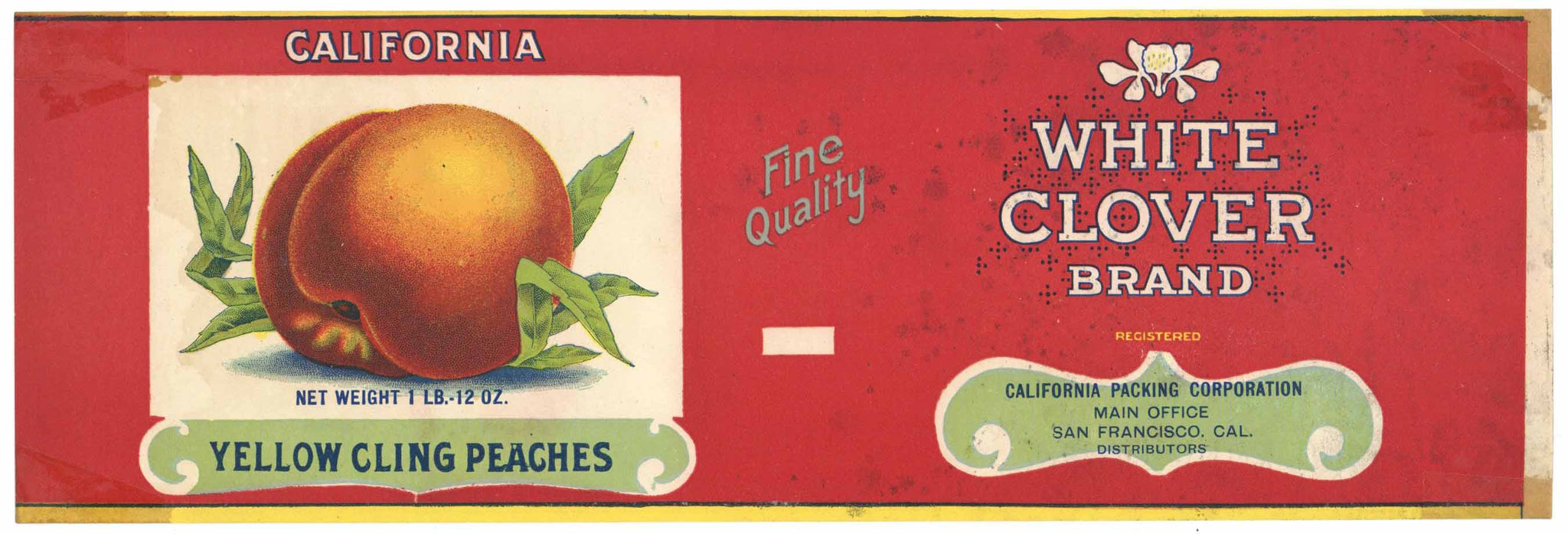 White Clover Brand Vintage Peach Can Label, wear