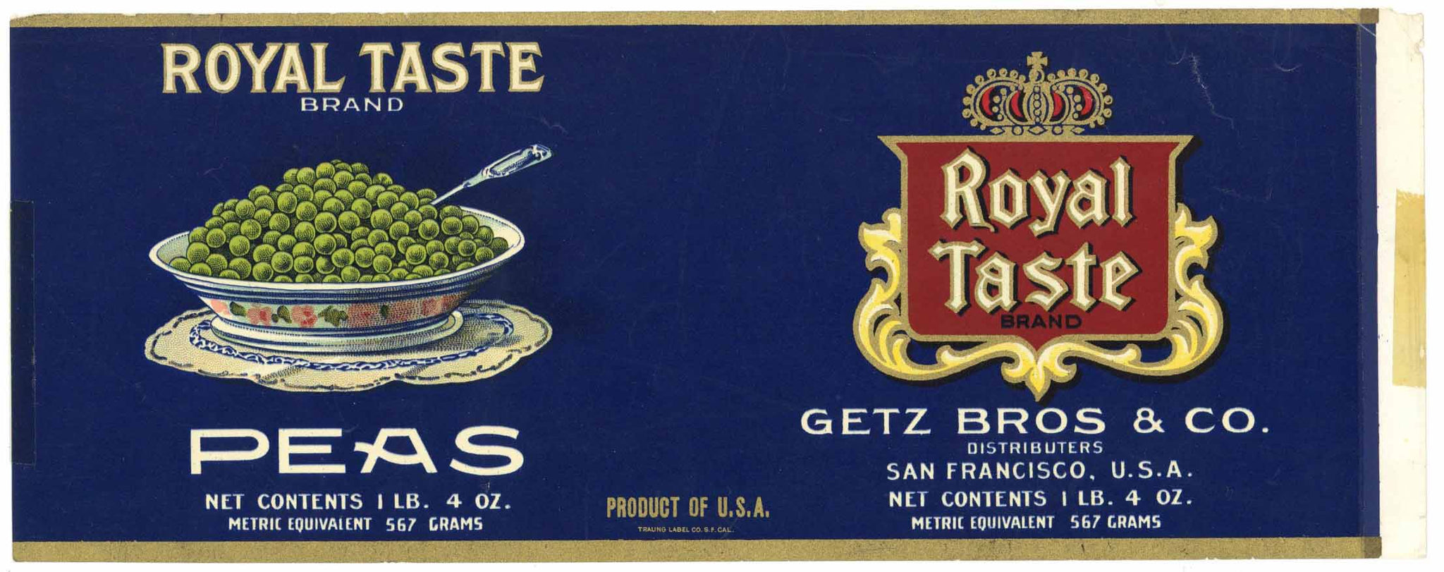 Royal Taste Brand Vintage Getz Bros. Peas Can Label