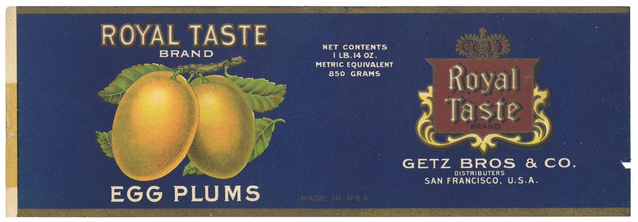 Royal Taste Brand Vintage Getz Bros. Egg Plums Can Label