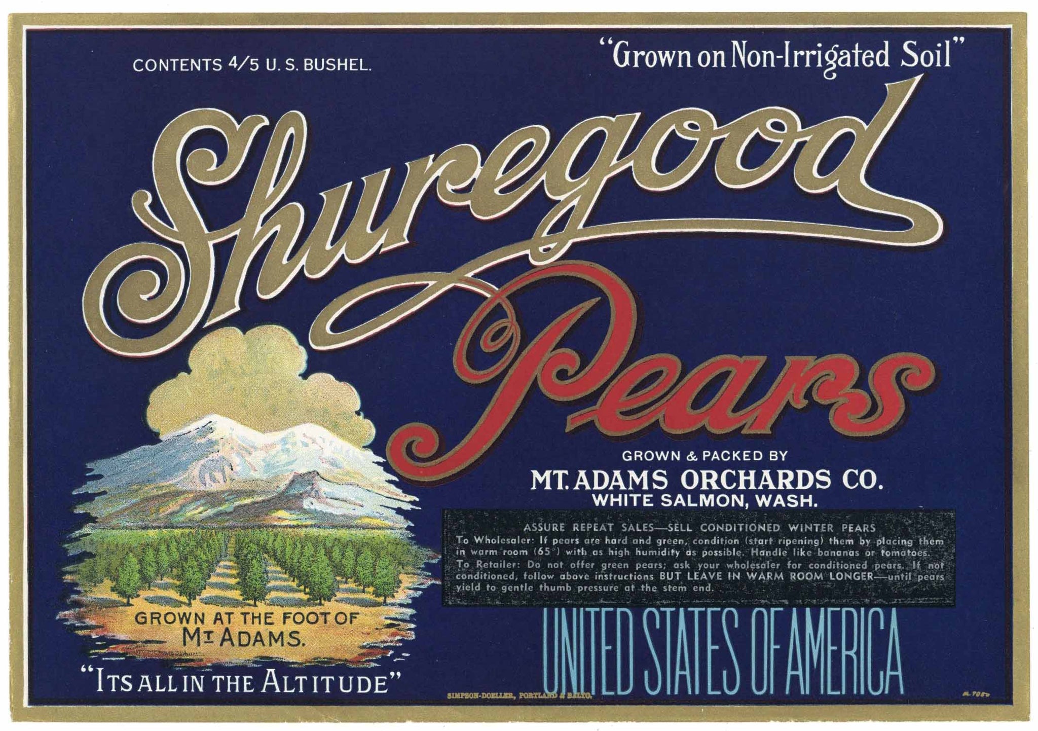 Shuregood Brand Vintage Washington Pear Crate Label, blue