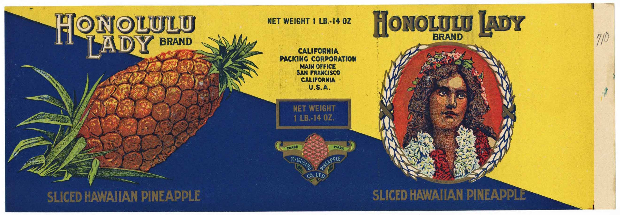 Honolulu Lady Brand Vintage Sliced Hawaiian Pineapple Can Label