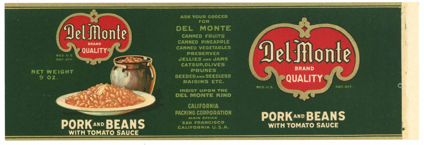 Del Monte  Brand Vintage Pork And Beans Can Label