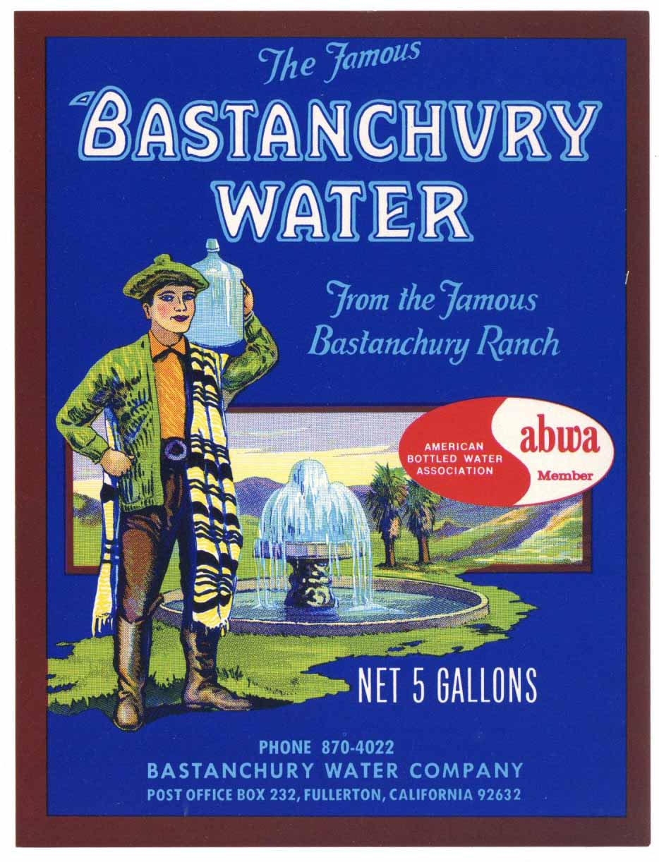 Bastanchury Water Brand Vintage Fullerton California Bottle Label vertical format