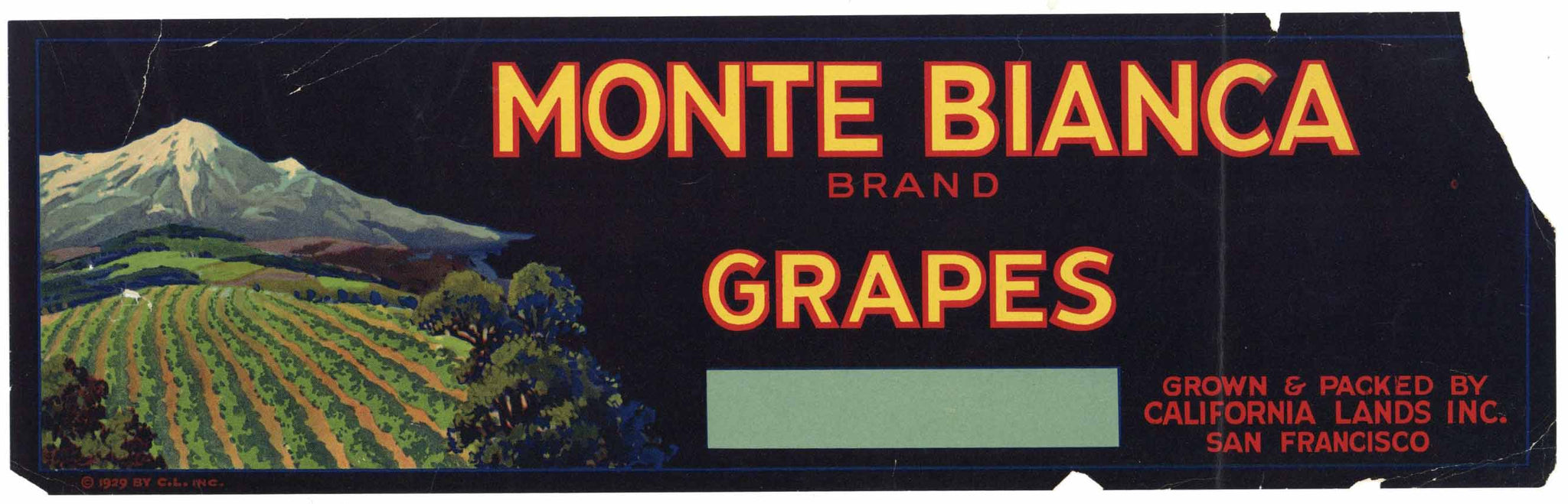 Monte Bianca Brand Vintage California Grape Crate Label, damage