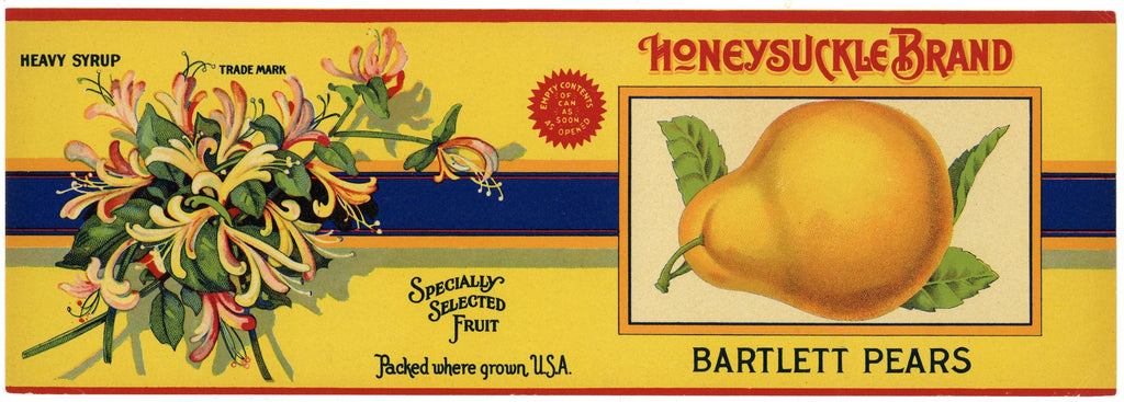 Honeysuckle Brand Vintage Bartlett Pear Can Label