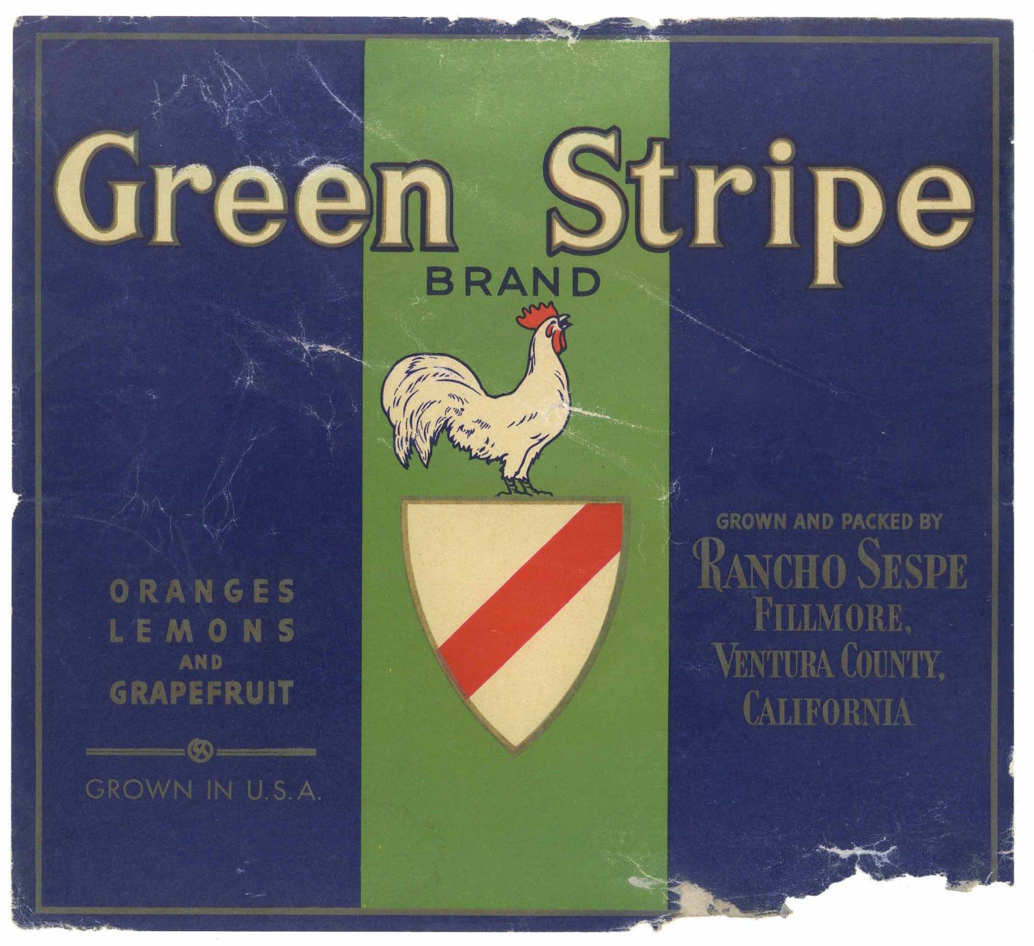 Green Stripe Brand Vintage Fillmore California Orange Crate Label, wear