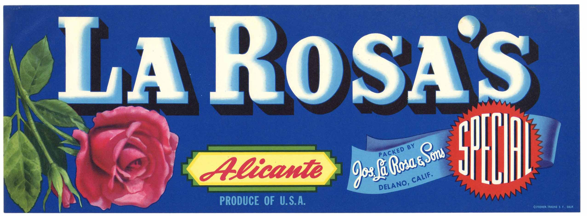 La Rosa's Brand Vintage Delano California Grape Crate Label, Alicante