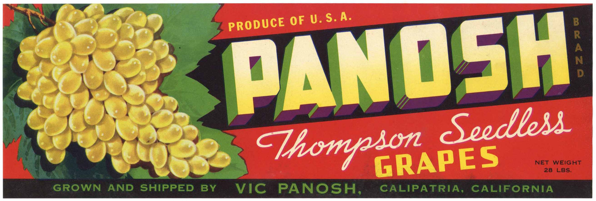 Panosh Brand Vintage Calipatria California Grape Crate Label