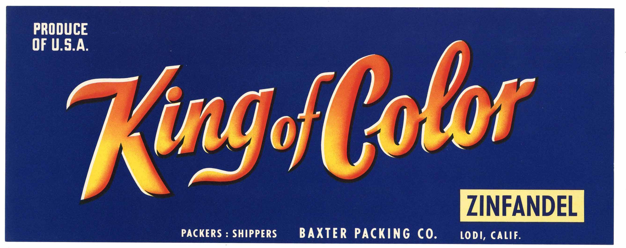 King of Color Brand Vintage Lodi California Zinfandel Grape Crate Label