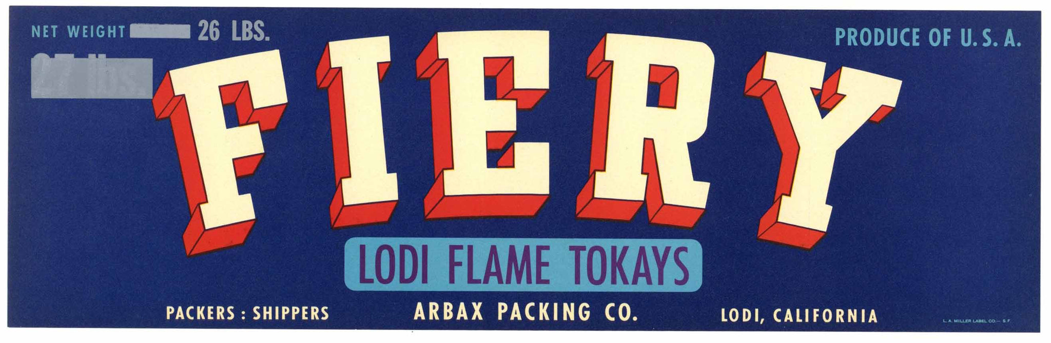 Fiery Brand Vintage Lodi California Grape Crate Label, Tokay