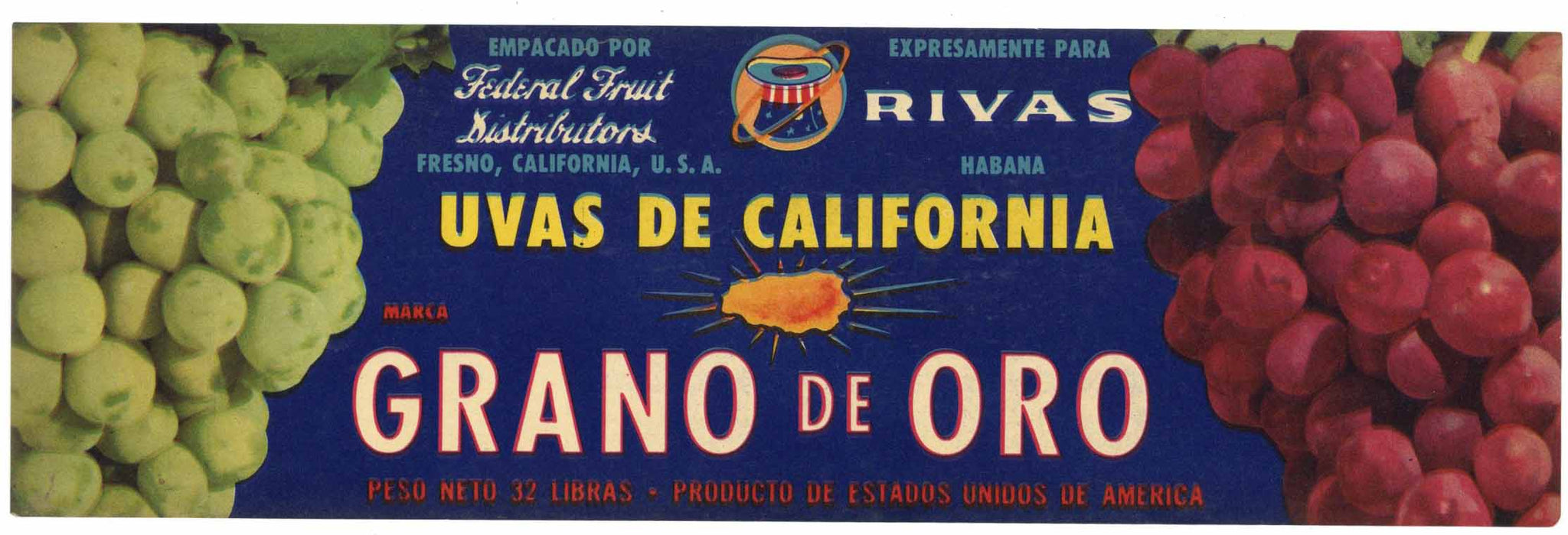 Grano De Oro Brand Vintage Fresno California Grape Crate Label