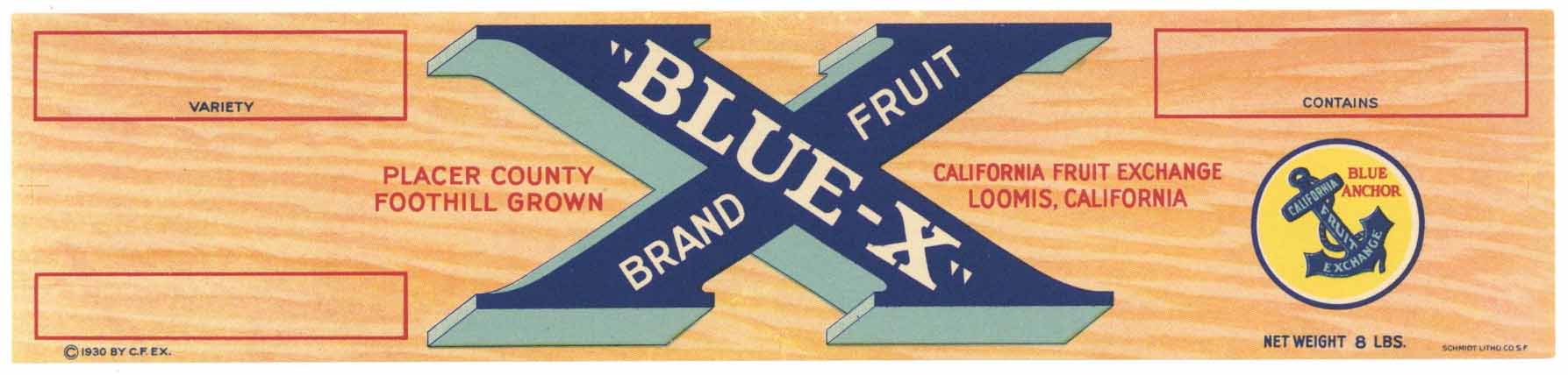 Blue X Brand Vintage Loomis California Cherry Crate Label, 8 lb.