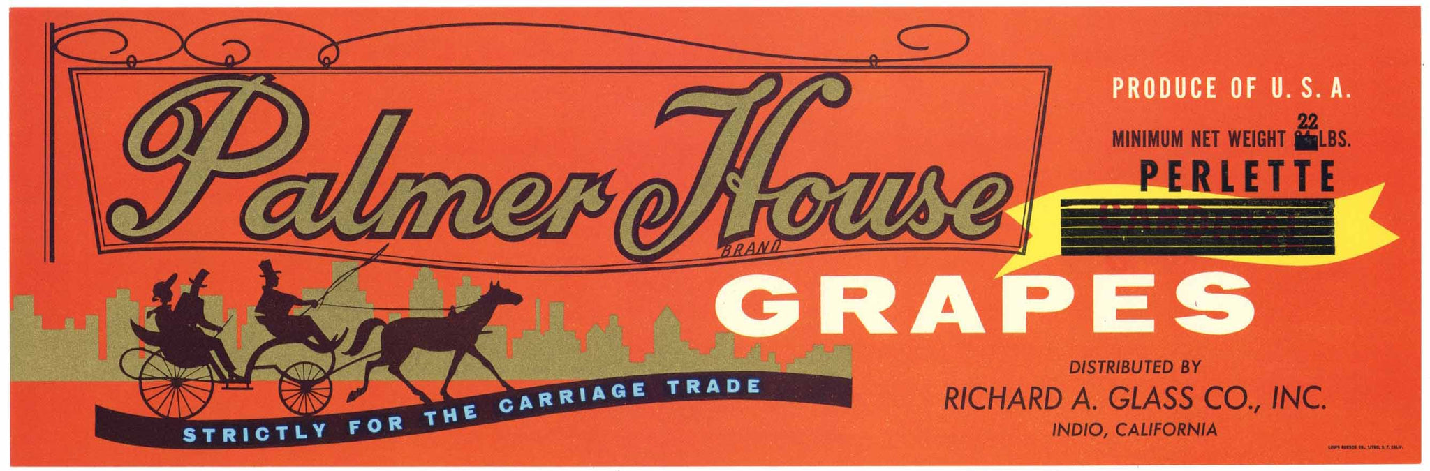 Palmer House Brand Vintage Coachella Valley Grape Crate Label, Perlette overprint