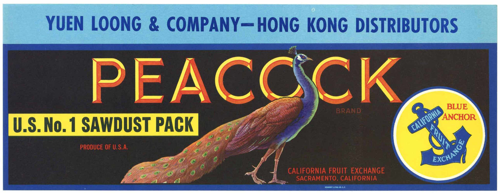 Peacock Brand Vintage California Grape Crate Label, sawdust pack, Hong Kong