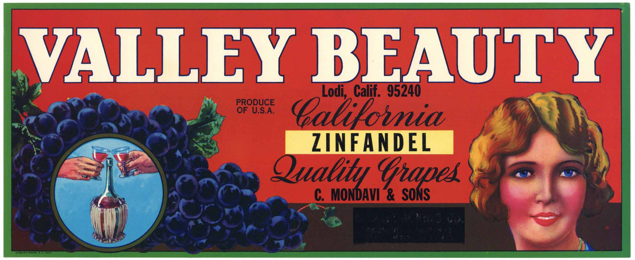 Valley Beauty Brand Vintage C. Mondavi & Sons Zinfandel Grape Crate Label